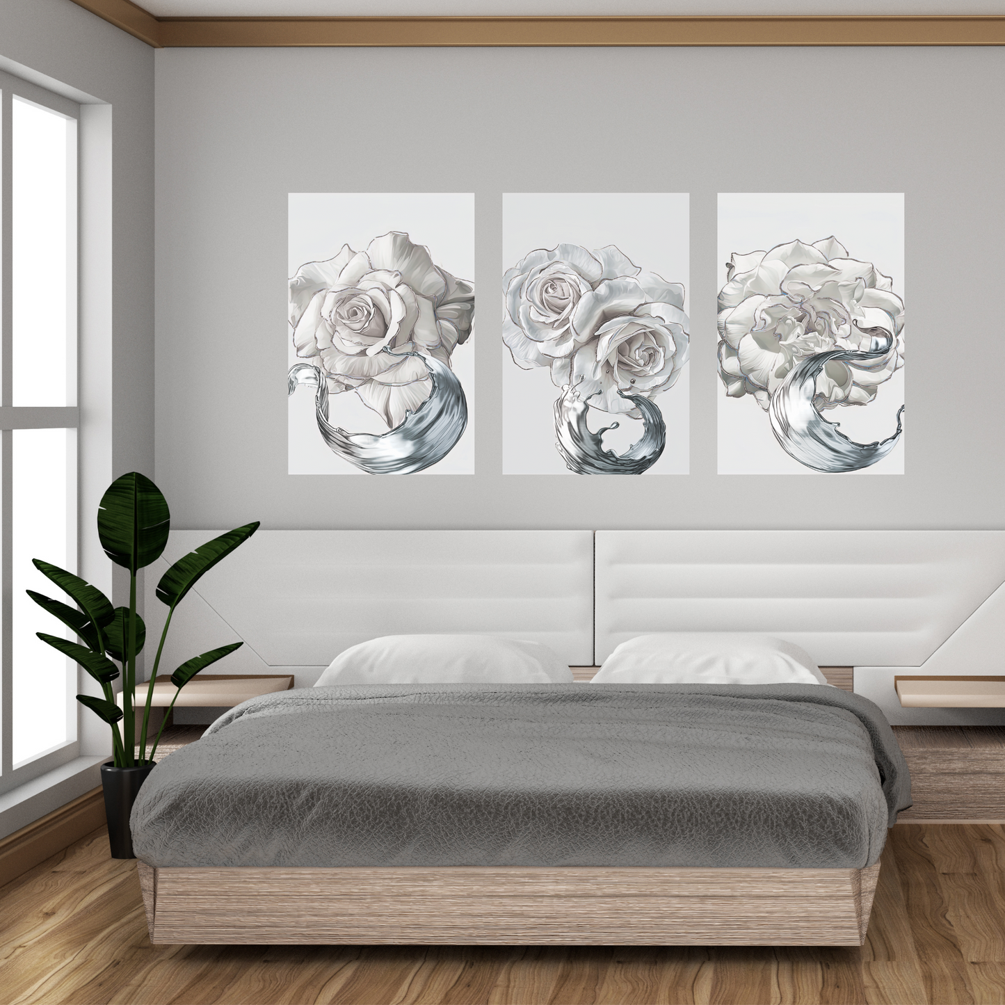 SULC-27 LETO White Rose With Silver Edge Modern Wall Art TG
